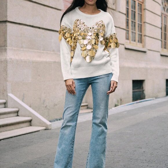 Women's Luxurious stylish Sequin detailed Long Sleeve Sweater top - Picture 8 of 9